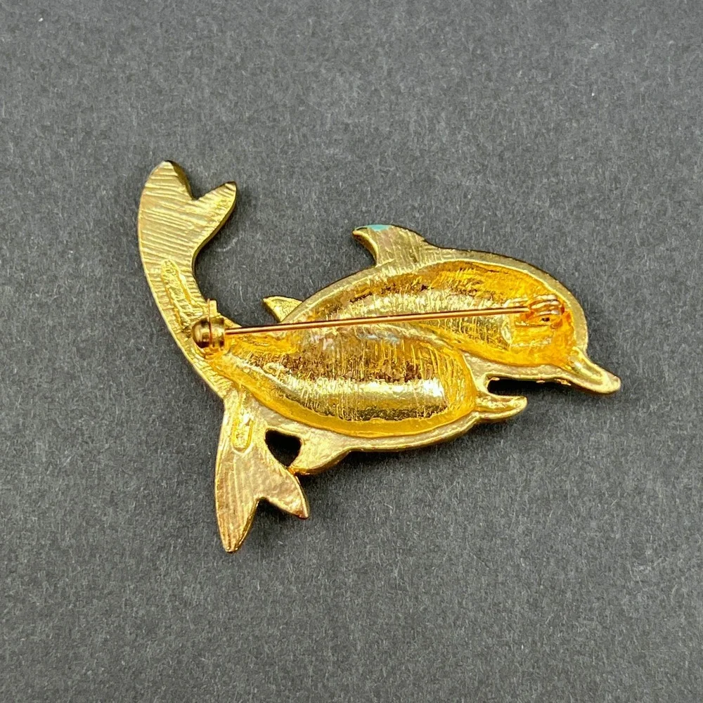 Vintage Dolphin Brooch Blue Gray Enamel Gold Tone Rhinestone Animal Pin